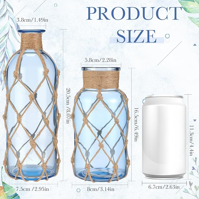 Chuangdi Set of 2 Coastal Glass Vases for Flowers TSITP Flower Vase with Boho Rope Small Sea Glass Jar Nautical Beach Bottle for Wedding Table Centerpieces Floral Arrangement Decor (Light Azure)