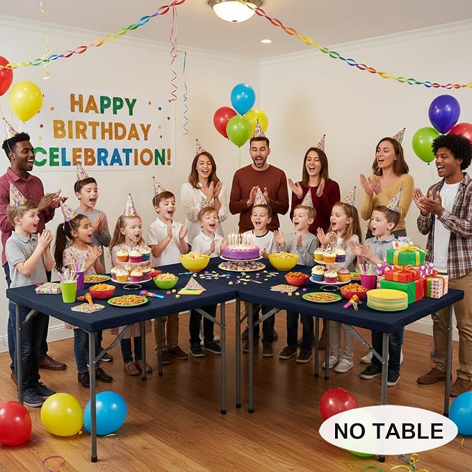 LUSHVIDA 2 Packs Vinyl Card Tablecloth with Flannel Backing 48x48 inch - Waterproof Plastic Picnic Table Cover for Square Folding Table Cloth with Elastic Corners, Navy Blue