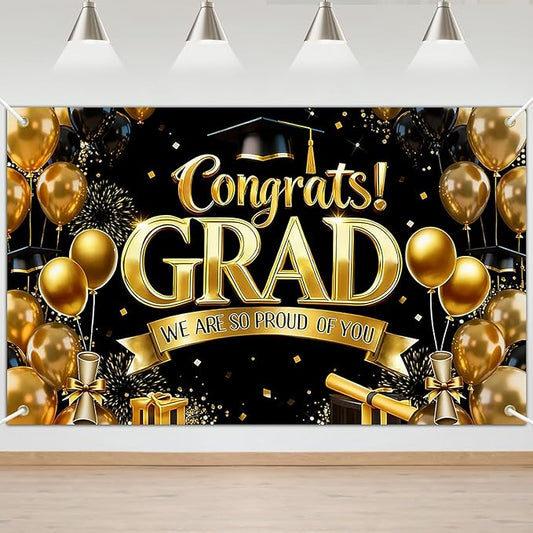 Mocsicka Graduation Banner Gold and Black Congratulations Class of 2026 Backdrop Graduation Party Decorations Photo Booth Props (6x3.6ft)