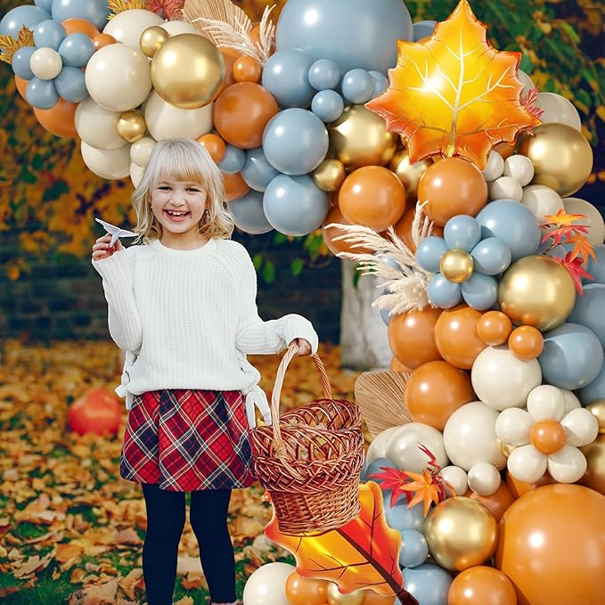 Fall Balloon Garland Arch Kit, Dusty Blue and Retro Orange Gold Confetti Balloons with Leaf Foil Balloons for Thanksgiving Party Autumn Fall Birthday Baby Shower Party Decorations