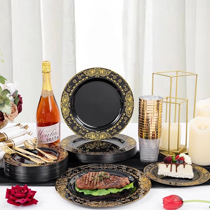 GATHER 350PCS Black and Gold Plastic Plates - Gold Disposable Dinnerware Set Include 50 Dinner Plates, 50 Dessert Plates, 150 Gold Plastic Silverware, 50 Napkins, 50 Cups for Wedding & Party