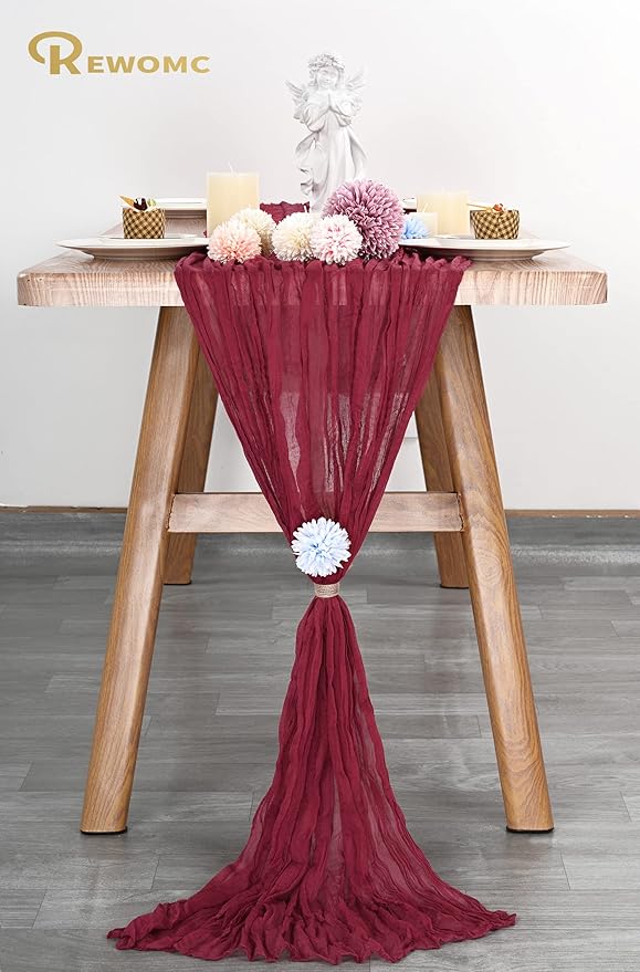 10 Pcs Burgundy Cheesecloth Table Runner 10FT, Gauze Cheese Cloth for Wedding Reception Rustic Sheer Bridal Shower Birthday Party Boho Table Decoration, Romantic Wedding Runner