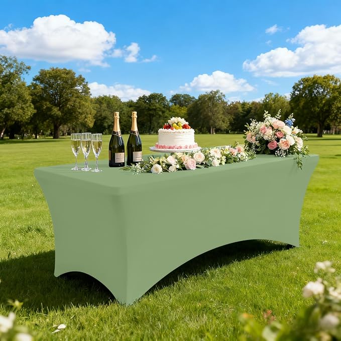 Moosfor Spandex Elastic Fitted 6FT Rectangle Tablecloth 6 Pack, Stretch Washable Reusable Table Cover for Outdoor Picnic, Dining, Wedding, Banquet & Party Events (Sage Green, 72Lx30Wx30H Inch)