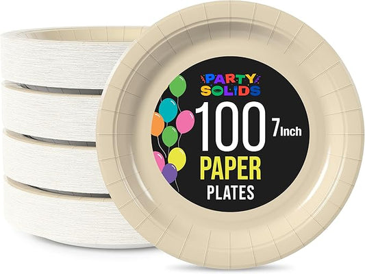 Exquisite Party Solids Ivory Paper Plates Disposable Heavy Duty 7 Inch Ivory Disposable Plates For Party 100 Pcs Heavy Duty 350 GSM, Birthday Supplies