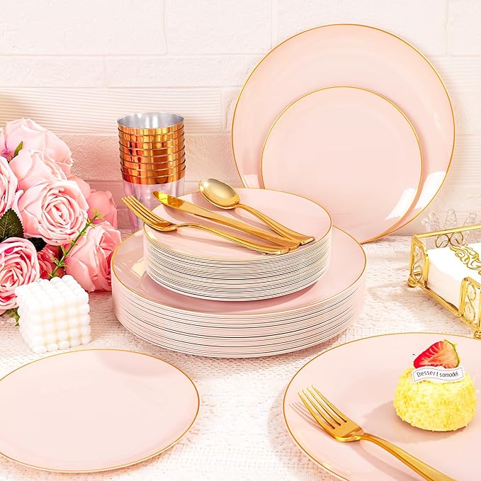 YOUBET 175PCS Pink Plastic Plates - Pink and Gold Disposable Plates Include 50 Plastic Plate, 75 Silverware, 25 Cups, 25 Napkins for Wedding & Party & Birthday Mothers Day