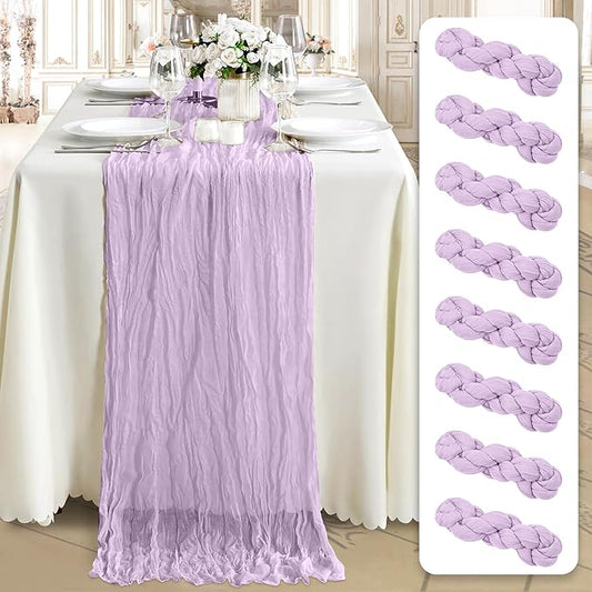Cheesecloth Table Runner 8 Pack – 35x120 Inch (10ft) Boho Rustic Gauze Cloth Runners – Crinkle Polyester Table Decor for Wedding, Baby Shower, Bridal Shower, Birthday Party and More (Lilac Purple)