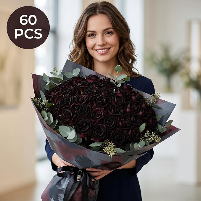 Auihiay 60PCS Artificial Roses, Black Magic Roses, Velvet Silk Roses, Realistic Artificial Flowers for Gothic Wedding Centerpieces, Anniversary, Valentine's Day & Halloween Home Decor