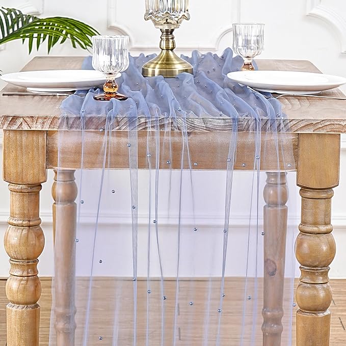 Tulle Pearl Table Runner 10ft Wedding Veil Dusty Blue Dessert Fabric Chiffon Pearl Lace Boho Glitter Sequins Overlay Banquet Aisle Sheer Runner Diamonds Party Decorations Doilies