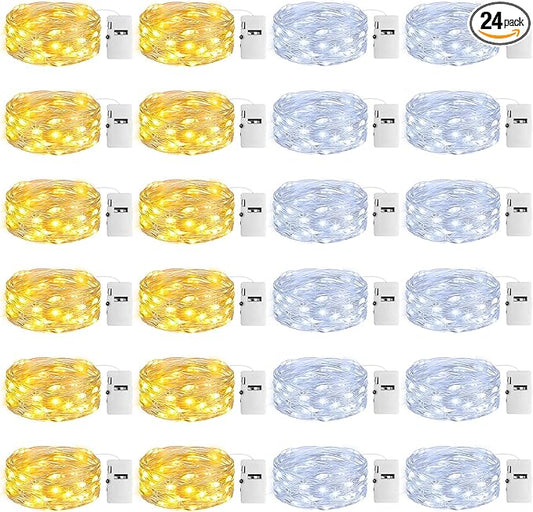 24 Pack Fairy Lights with Timer Battery Operated, 3 Modes 7ft Mini Twinkle Lights Waterproof, 20 LED Bulk String Light for Mason Jars Christmas Decoration Wedding Table Centerpieces,Warm+Cool White