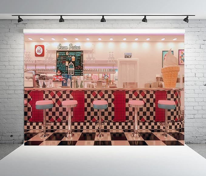 BELECO 20x10ft Fabric Vintage 50s Diner Backdrop for Photography 1950s American Diner Fast Food Soda Shop Restaurant Ice Cream Bar Stools Background 50s Diner Party Decor Photo Booth Studio Props