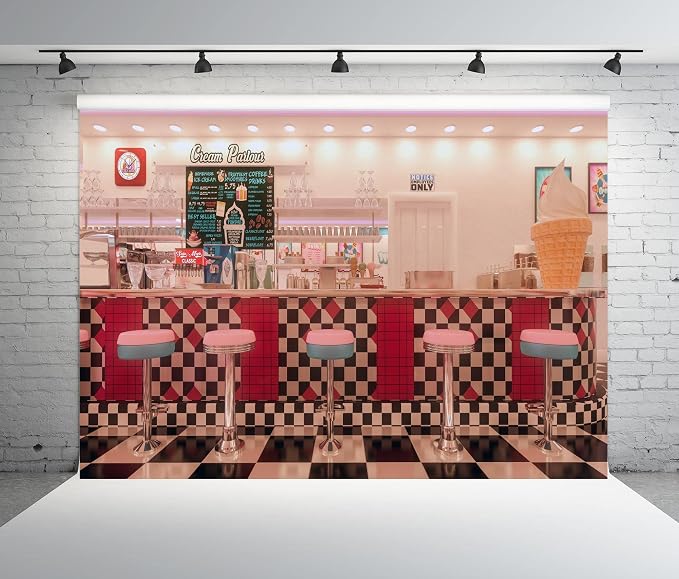 BELECO 7x5ft Fabric Vintage 50s Diner Backdrop for Photography, 1950s American Fast Food Soda Shop Restaurant Ice Cream Bar Stools Background, 50s Diner Party Decor Photo Booth Studio Props