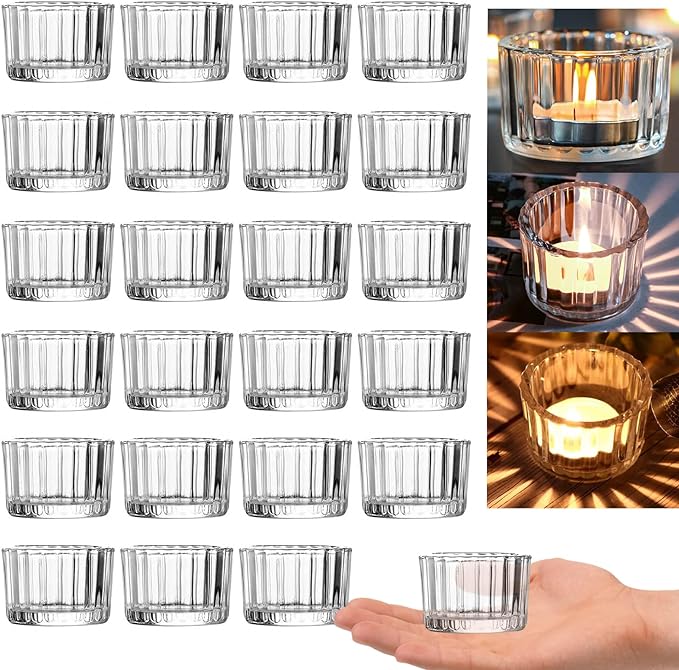 GOLDEAL Round Tealight Candle Holders,Set of 24 Clear Thick Glass Tea Light Candle Holder Decor,Candlestick for Wedding Decor,Party,Baby Shower Party,Bridal Shower Party,Table Centerpiece, Home Décor