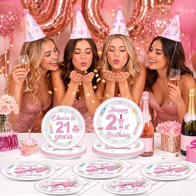 96PCS 21st Champagne Bottle Birthday Decorations Happy 21st Pink Champagne Tableware Set Cheers to 21 Years Paper Plates Napkins for Girls Martini Theme Twenty-One Party Supplies Serve 24 Guests