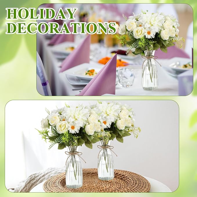 Reallnaive 30 Pack Artificial Flowers Table Centerpieces Decorations with Plastic Vase Wedding Mason Jar 20 Bundles Silk Floral Bouquet 10 Clear Vase with Rope for Party Decor(Dahlia,White)