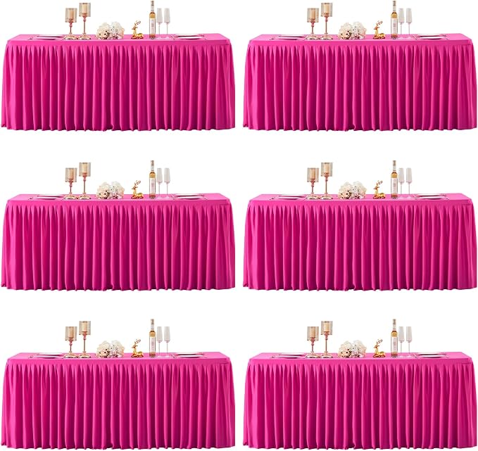 6 Packs Hot Pink Tableclothes for 6 Foot Rectangle Tables, Wrinkle Free Fitted Table Cloth 6ft Stretch Table Cover with Skirt for Parties Weddings Birthday Banquet Baby Shower
