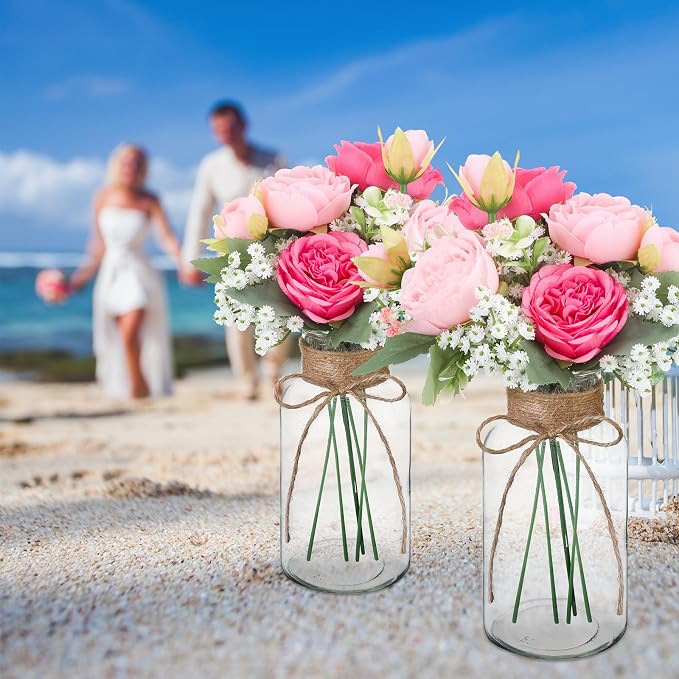 Zeyune 6 Sets Mason Jar Table Centerpiece with Artificial Peony Baby's Breath Flower Centerpieces Faux Flowers with Rope for Wedding Reception Engagement Bridal Shower Rustic Table Decor(Pink)