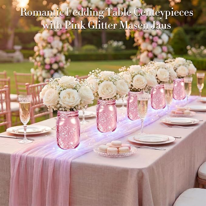 Layhit 6 Pcs Painted Mason Jars Colored Painted Mason Jars Centerpiece for Table with 6 Pcs 9.84 ft 30 LED Operated Fairy Lights for Wedding (Light Pink)
