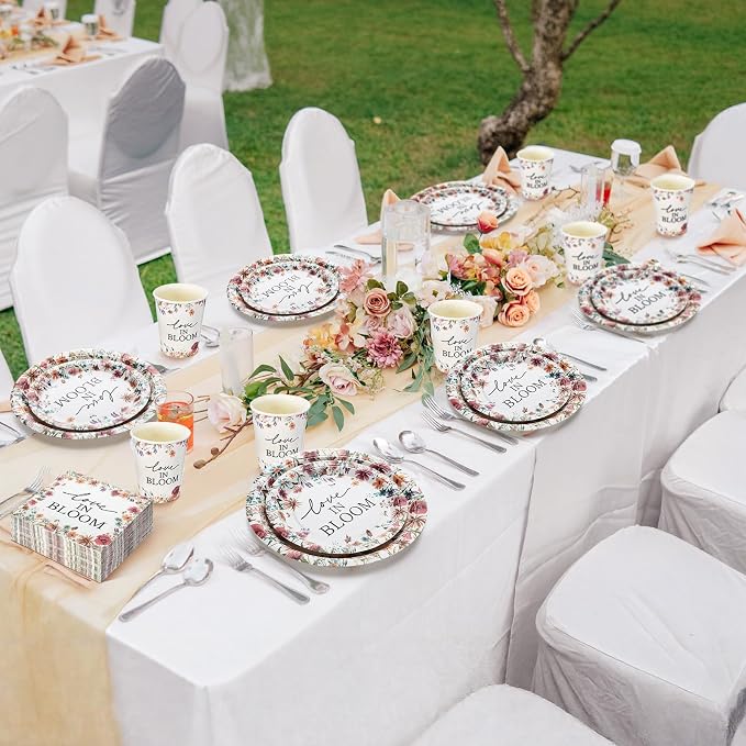 Zhehao 250 Pcs Love in Bloom Bridal Shower Plates Napkins Sets 50 Pcs 9'' Floral Dinner Plates 50 7'' Dessert Plate and 9oz Cups 100 Napkins Wedding Engagement Party Supplies Bridal Shower Decoration