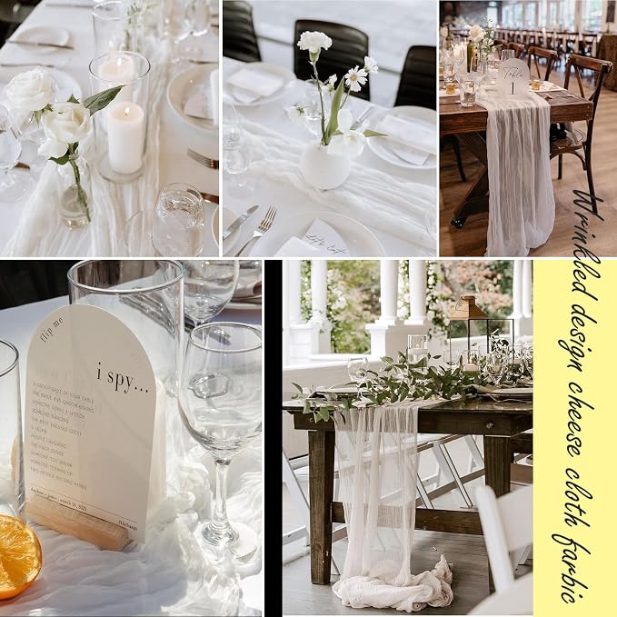 8 Pack White Cheesecloth Table Runner 35x120 Inches Boho Gauze Rustic Valentine's Day Cheese Cloth Runners 10ft Long Romantic Sheer Table Runner for Wedding Bridal Shower Party Table Decor
