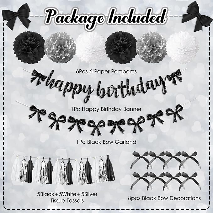 Black Bow Birthday Party Decorations, Coquette Bow Black and White Silver Confetti Long Balloons Happy Birthday Banner Fringe Curtain Tassel Pompoms for Women Girls Theme Baby Shower Party Supplies