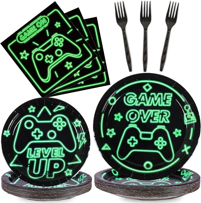 96pcs Video Game Party Supplies Tableware Set Neon Game On Paper Plates and Napkins Green Gaming Birthday Party Decorations Favors for Boys Kids Gamer Baby Shower,Serves 24