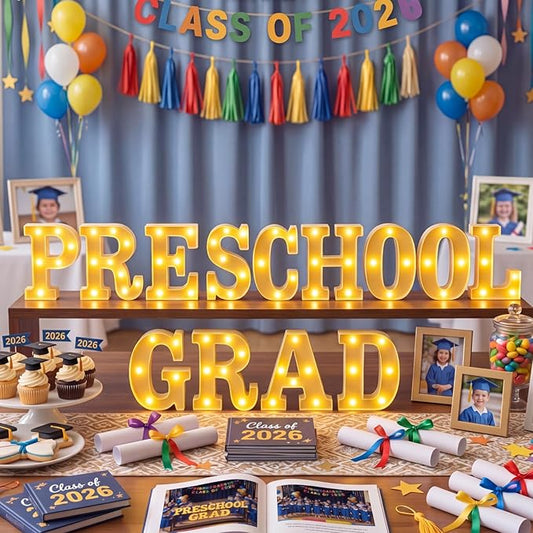 Honoson 13 Pcs Preschool Graduation Decorations Preschool Grad Letter LED Lights Sign Neon Lights Table Decoration for Kindergarten Graduation Party Supplies 2026
