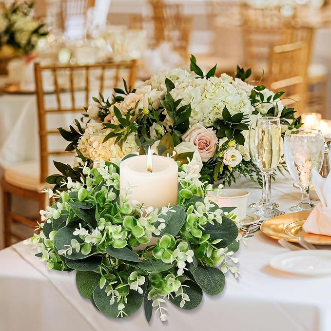 8PCS Artificial Eucalyptus Leaves Small Wreaths Green Candle Rings, Wreaths Spring Summer Greenery Garland Pillar Candle Holder for Home Wedding Party Table Centerpiece Decoration