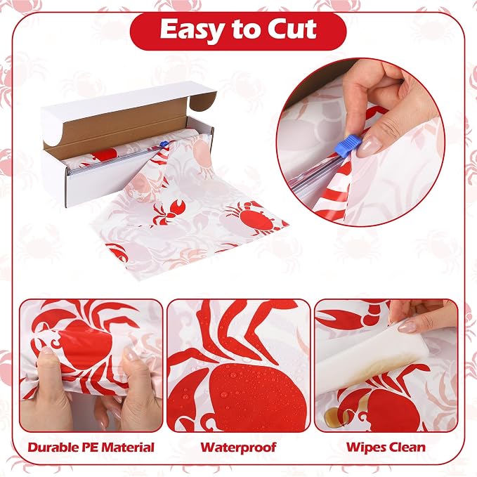 Kochorie 100 Ft x 54 Inch Crab Boil Party Tablecloth Roll with Cutter Box Disposable Plastic Crab Table Cover Roll Waterproof Table Cover for Crawfish Birthday Indoor Outdoor Party Supplies Decor