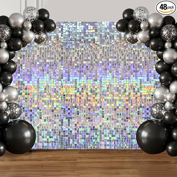 48 Pcs Iridescent Silver Shimmer Wall Backdrop Panels for Party, Mjkeomo Iridescent Silver Sequin Backdrop for Birthday Graduation Home Party Decorations Anniversary Wedding Christmas Decor
