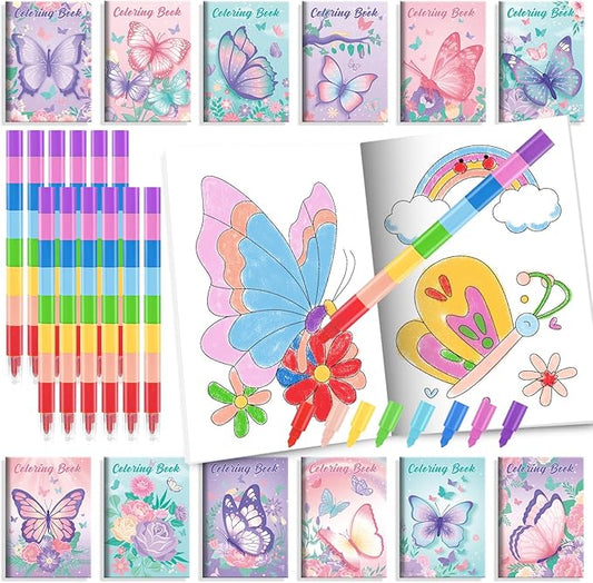 BenLouis 24 Butterfly Mini Coloring Books Kids with 24 Stacking Crayons Butterfly Theme Party Favors Activity Books Bulk for Kids Spring Fairy Birthday Goodie Bag Gift Stuffer Classroom Reward