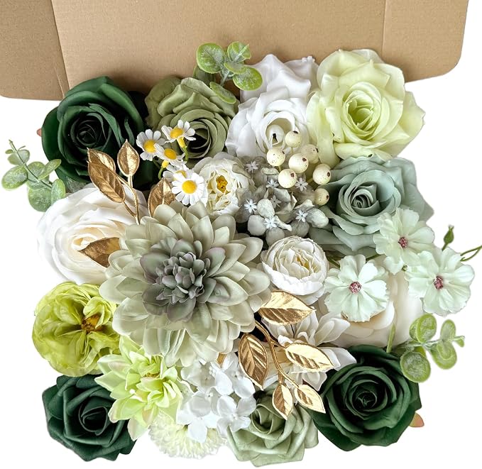 Sage Green Artificial Flowers Combo Assorted Emerald Dark Green Silk Roses with Stems Hunter Olive Green Cake Flowers Bridal Wedding Bouquet DIY Fake Floral Arrangements Baby Shower Table Centerpieces