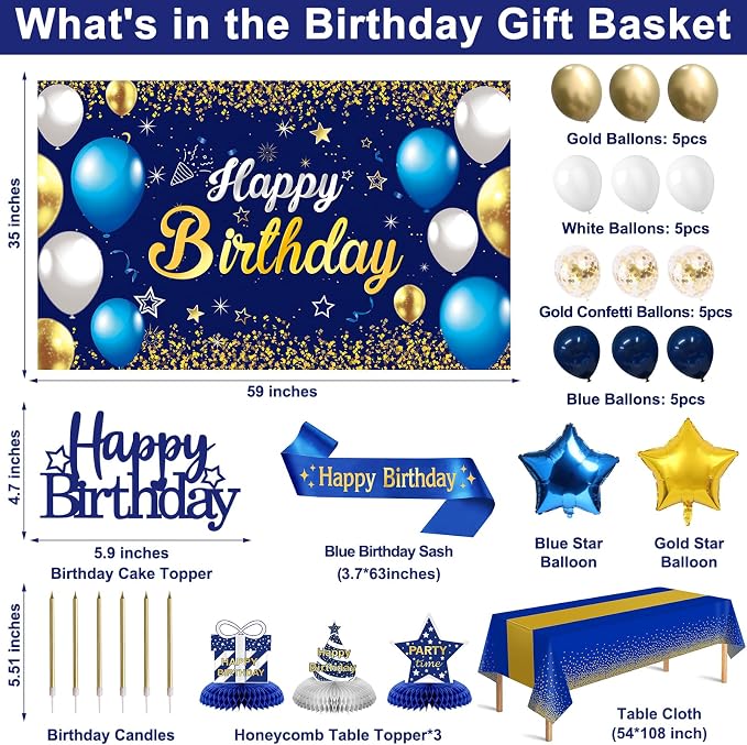 Birthday Decorations Navy Blue Gold - Happy Birthday Banner, Sash, Balloons, Tablecloth, Cake Topper, Candles,Table Decorations - 35pcs Party Decor for Men and Boys