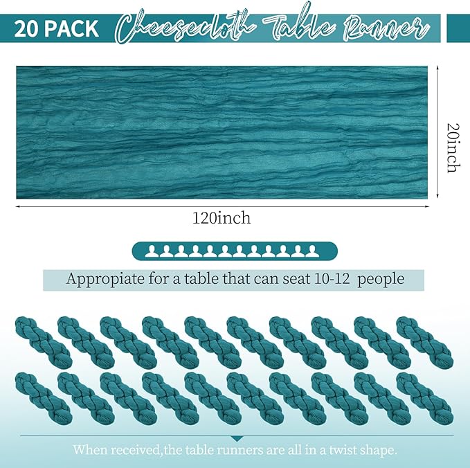 20 Pack Teal Table Runner 10Ft Cheesecloth Table Runner Boho Gauze Table Runners Romantic Long Turquoise Cheese Cloth Table Runners for Wedding Party Bridal Shower
