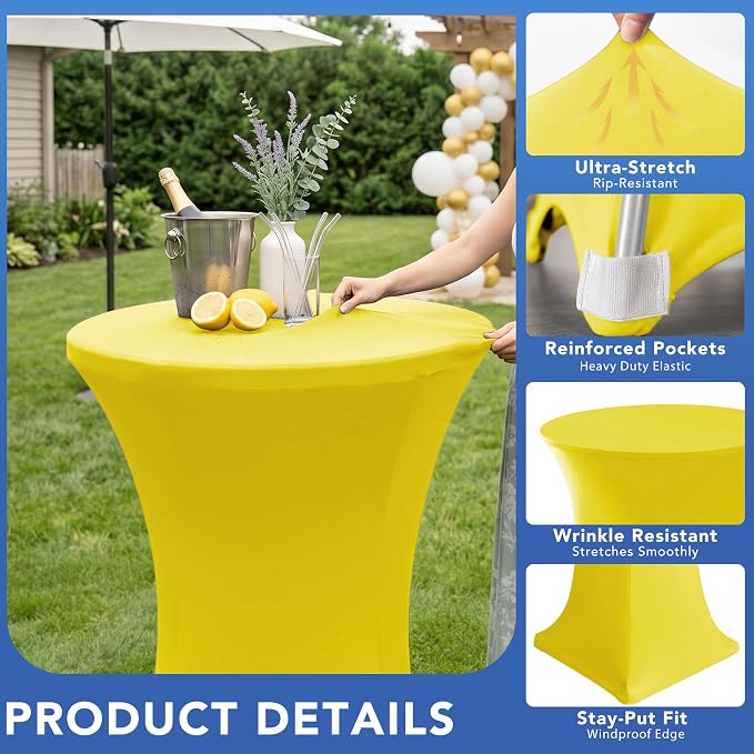 Cocktail Table Covers-Spandex Round High Top Table Cloths 6 Pack 32x43 Inch-Yellow Stretch Fitted Bar Tall Tablecloth for Pub Bistro Highboy Event Banquet Height Folding Satnding Tables