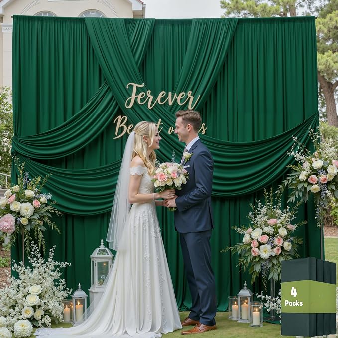 20ftx12ft Wrinkle Free Hunter Green Backdrop Curtain, 4 Panels 12FT Height Wedding Backdrop Drapes, Silky Polyester Back Drop Cloth for Birthday Photography Background Party Backdrop Draping