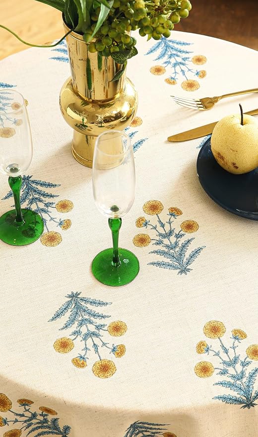 ISAENNE Designer French Linen Round Tablecloth,Diameter 67"-Estevan A | Vintage Elegant Beautiful Printed Table Cloth,Pale Yellow Floral Pattern,Durable,Dining,Kitchen,Tea Party,Thanksgiving