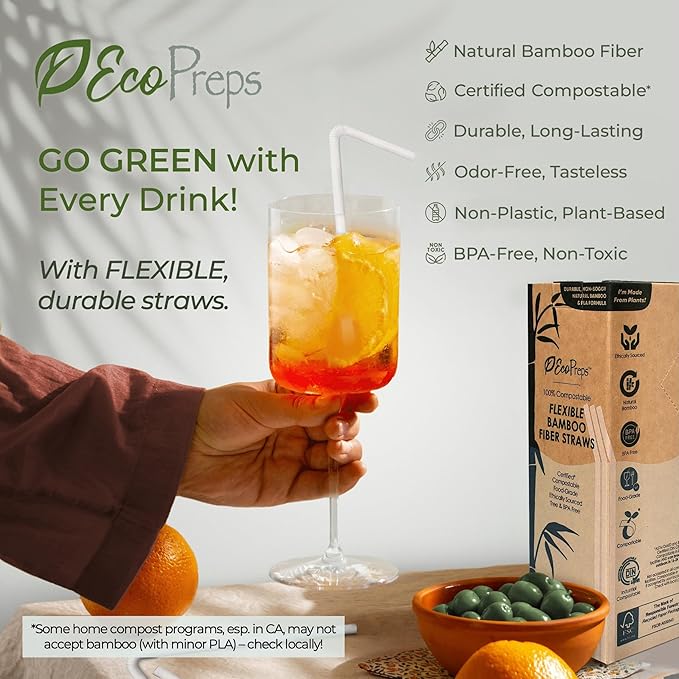 EcoPreps Flexible Biodegradable Bamboo Fiber Straws, 120 Count | 100% Compostable, Plastic-Free, Eco-Friendly Drinking Straws for Cold Drinks | 7.8'' Bendable, Disposable Bamboo Fiber Straw (120 PCS)
