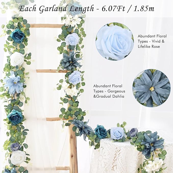 Waipfaru 2Pcs Flower Garland Decorations, Wedding Table Floral Rose Garland for Table Centerpieces Backdrop Wall, Eucalyptus Greenery Vines for Party Room Decor (Dusty Blue)