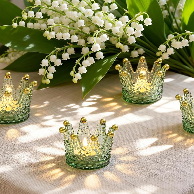 Rubtlamp 6 Pack Green Gold Crown Candle Holders, Glass Votive Candle Holders, Vintage Tealight Candle Holders for Table Centerpieces, Wedding, Bridal Shower, Birthday