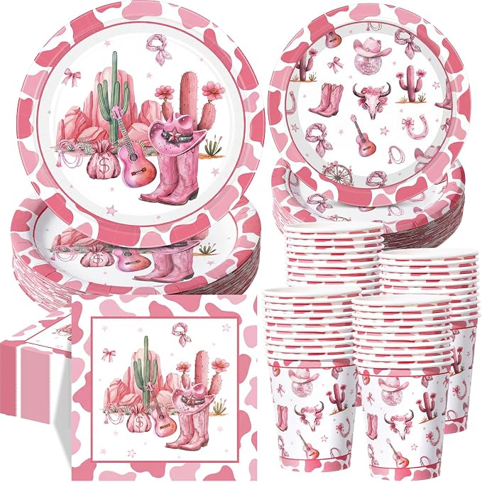 Pickmesh 250 Pcs Cowgirl Party Decorations Pink Cowgirl Rodeo Birthday Coquette Bow Western Theme Disposable Plates Napkins Cups for Bachelorette Baby Shower Tableware Party Supplies Serve 50