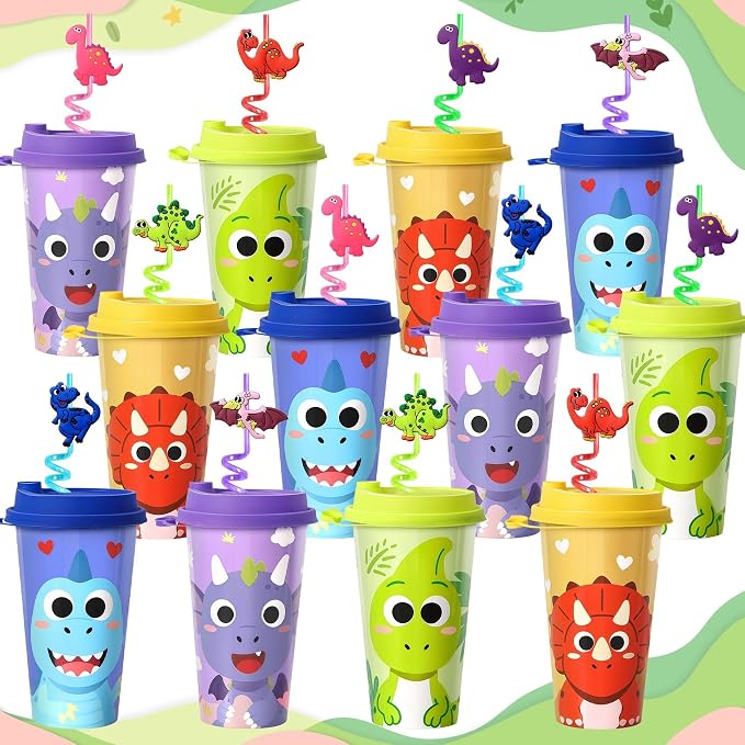 Dinosaur Party Favors for Kids, 24 Pack Dino Birthday Cups with Lids and Straws, 16oz Dinosaur Party Supplies, Goodie Bag Stuffers, Classroom Prizes, Boys Girls Birthday Decorations