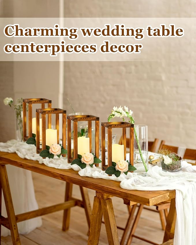 Huquary 16 Pcs Wooden Wedding Lantern Centerpiece Includes 8 Rustic Wooden Lantern Centerpiece and 8 Flameless Candle Holder for Farmhouse Rustic Table Decorations Party Gift(Brown)