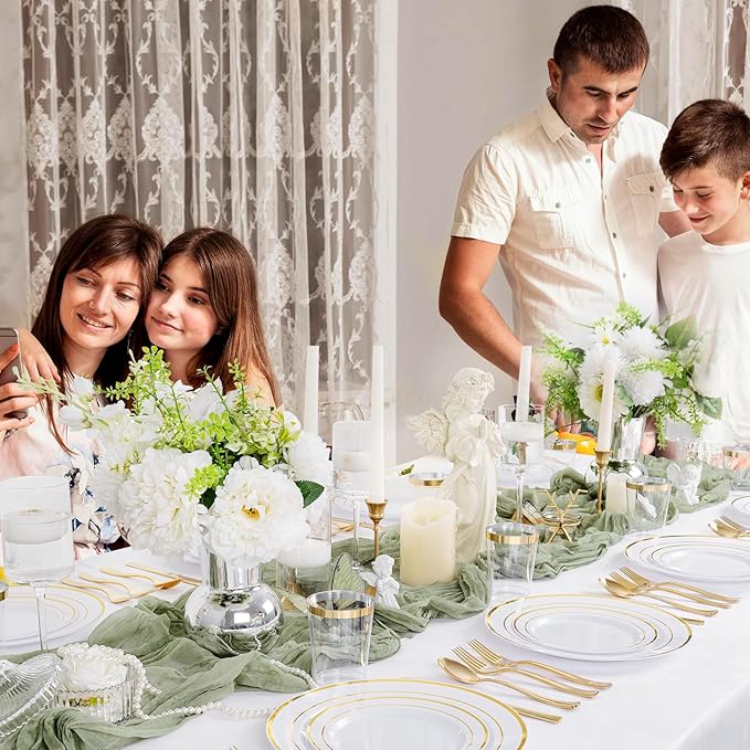 Supernal 200pcs Gold Plastic Dinnerware included 25 Party Dinner Plates 25 Dessert Plates 25 Disposable Cups and 25 Paper Napkins Disposable 25 Spoons 25 Knives 50 Forks for Party and Wedding