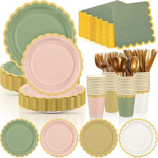 Mimorou 338 Pcs Sage Green and Pink Plates and Napkins Party Supplies Green and Rose Gold Tableware Include Scalloped Plates Paper Napkin Cup Spoon Fork Knife for Baby Shower, Wedding, Birthday