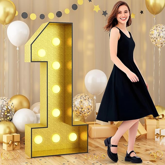 Light Up Number 1, Marquee Light Up Numbers Gold 4FT, Large Led Numbers Lights for First 1st 21st Birthday, 4 Feet Tall DIY Frame Pre-Cut Foam Board Kit for Night Light Party Anniversary Decorations