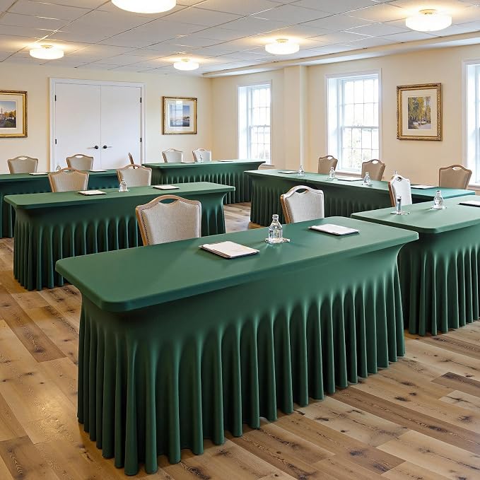 4 pk Hunter Green Spandex Tablecloth for 6 Foot Rectangle Tables, Wrinkle Free Fitted Spandex Table Covers 6ft Green Stretch Table Cloths with Ruffle Skirt for Parties Weddings Banquet Baby Shower