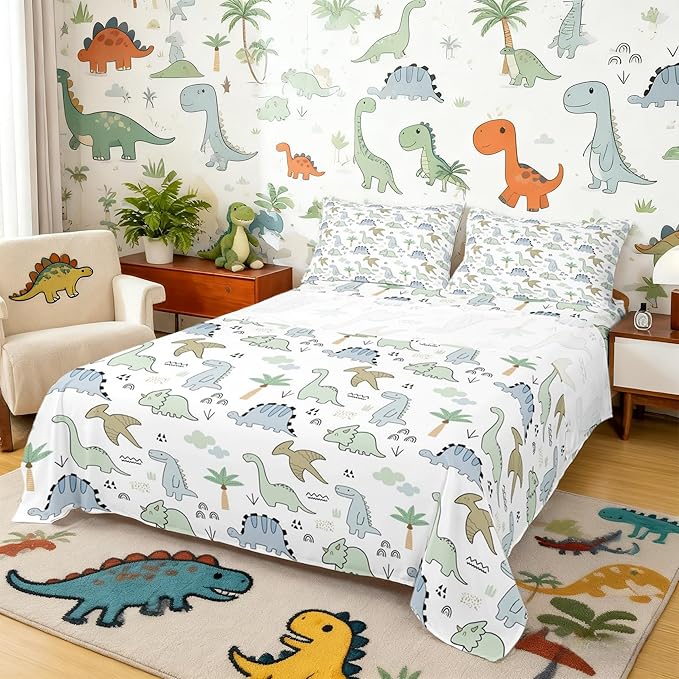 Kids Dinosaur Fitted Sheet Set Full Size 4 Pcs,Watercolor Cloud Jungle Trees Teens Sheets,Cute Cartoon Dino Animal Bedding Sets (1 Fitted,1 Flat,2 Pillowcases) Luxury Deep Pocket Bed Sheets
