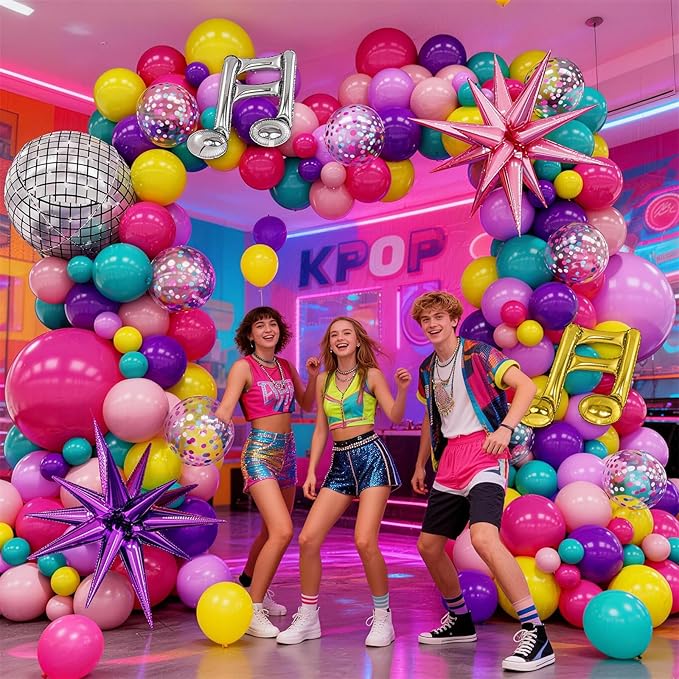 KPOP Music Theme Balloon Garland Arch Kit, 119Pcs Rainbow Colorful Balloon & Retro Disco Ball Musical Note Explosion Star Foil Balloons for K-Pop Party 90s 80s Disco Hip Hop Birthday Decor Supplies