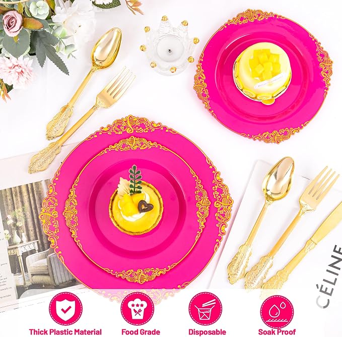 125PCS Hot Pink Plastic Plates - Pink Disposable Plate - Elegant Party Plates with Gold Plastic Silverware Sets for 25 Guests for Wedding & Birthday Party & Baby Shower