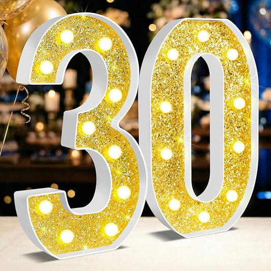 12.6 Inch LED Gold Marquee Light Up Numbers, 30th Birthday Decorations Number Lights as Gifts for Women Men, Glitter Lighted Marquee Numbers for Golden Anniversary Party Table Decor, 30